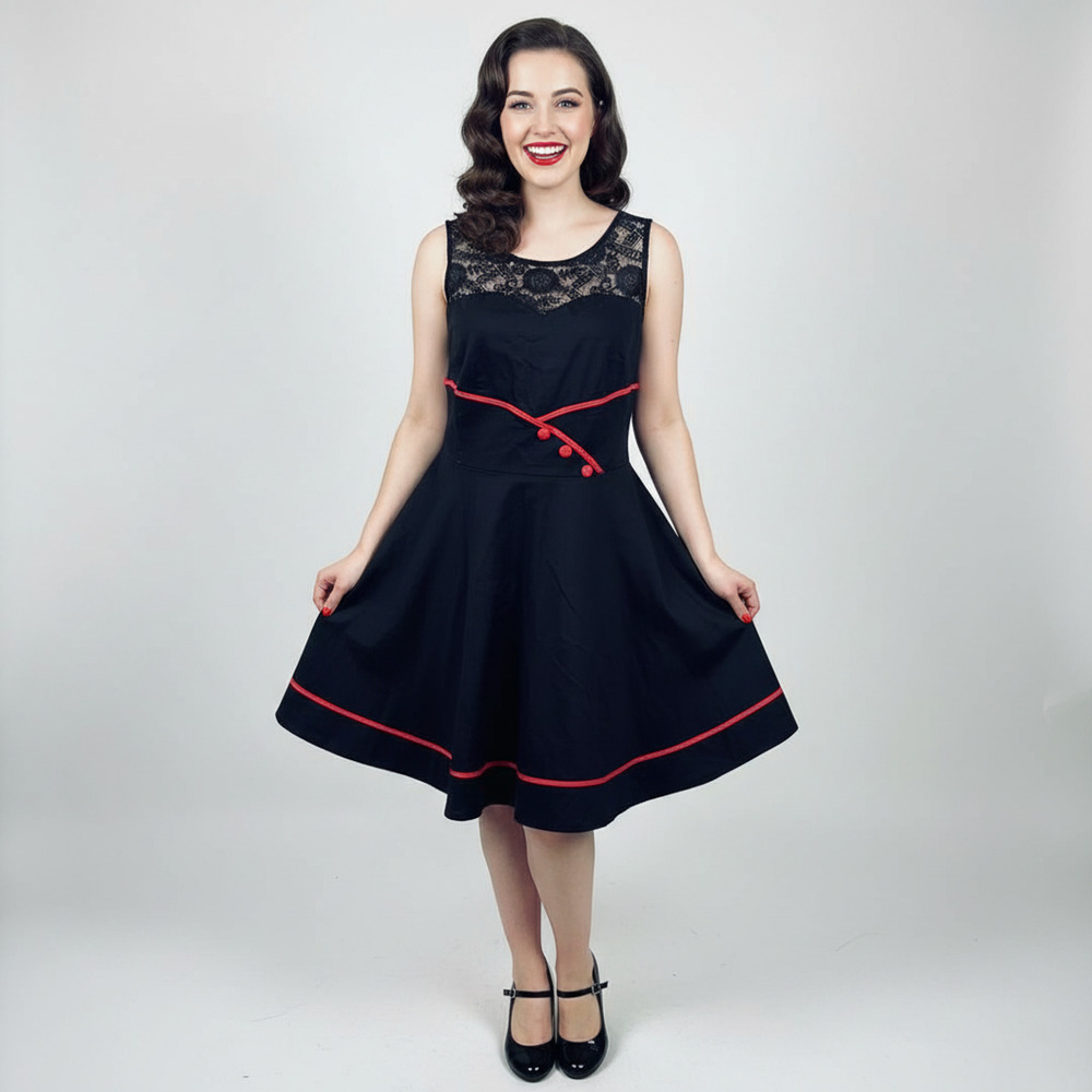Bbonline A Line Rockabilly Dress Black Retro Swing Party Fit & Flare Pin-up‎ L